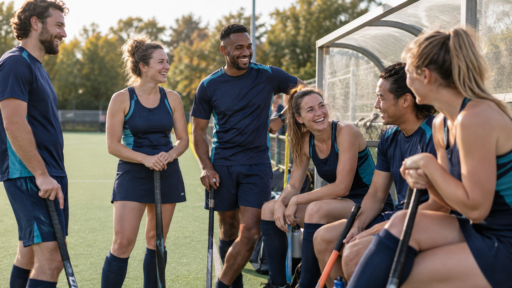 AI illustration of an adult field hockey team together on a pitch